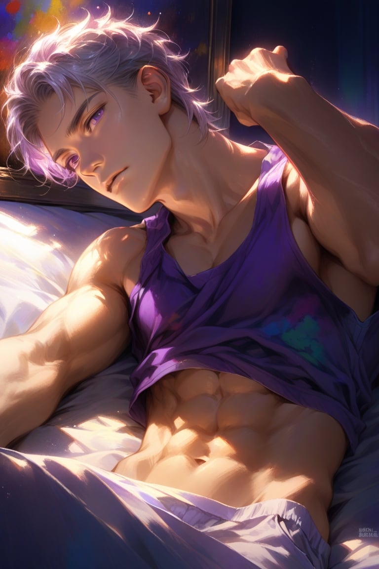 best-quality, cohesive, best-anatomy, androgyny, detailed, semi_realistic, low-angle_shot, laid_down, bed_sheets, short_silver_hair, purple_eyes, sleepy, colorful, tired, tank_top_lift, toned, handsome, ((painting)), abs, dim_lighting, 1boy, dim_lighting, warm_lighting, manly, back_on_bed, night_sky, looking-at-viewer, big_body, painting_(artwork)