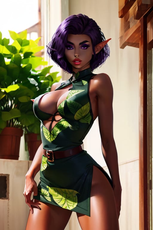 Elf woman, medium dark skin, short dark purple hair and purple eyes wearing a primitive leaf dress 