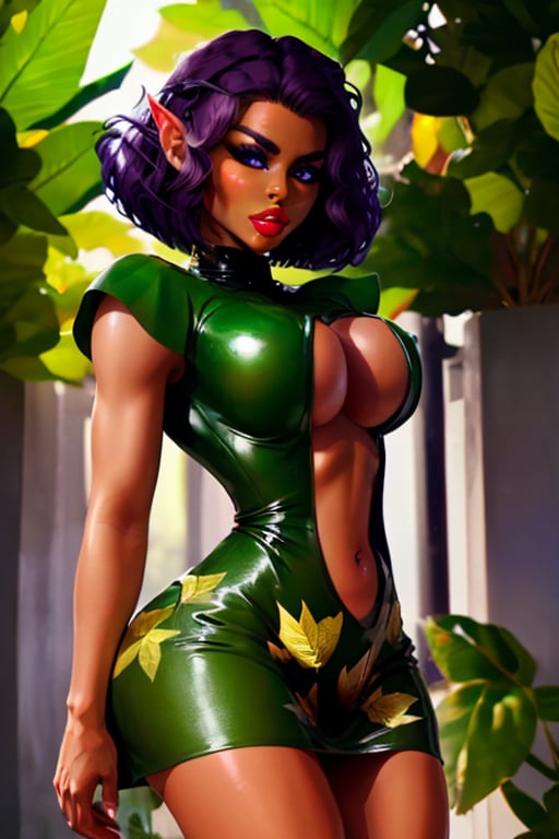 elf woman dark skin short dark purple hair and honey eyes wearing leaf dress 