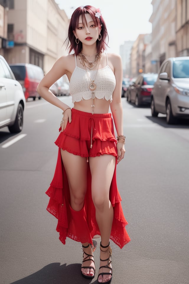 Bohemian Hip-Hop: A woman blends bohemian and hip-hop aesthetics with a flowing maxi skirt, a cropped crochet top, and chunky sandals. Her hair is adorned with flowers or feathers, and she accessorizes with layered necklaces and bangles.