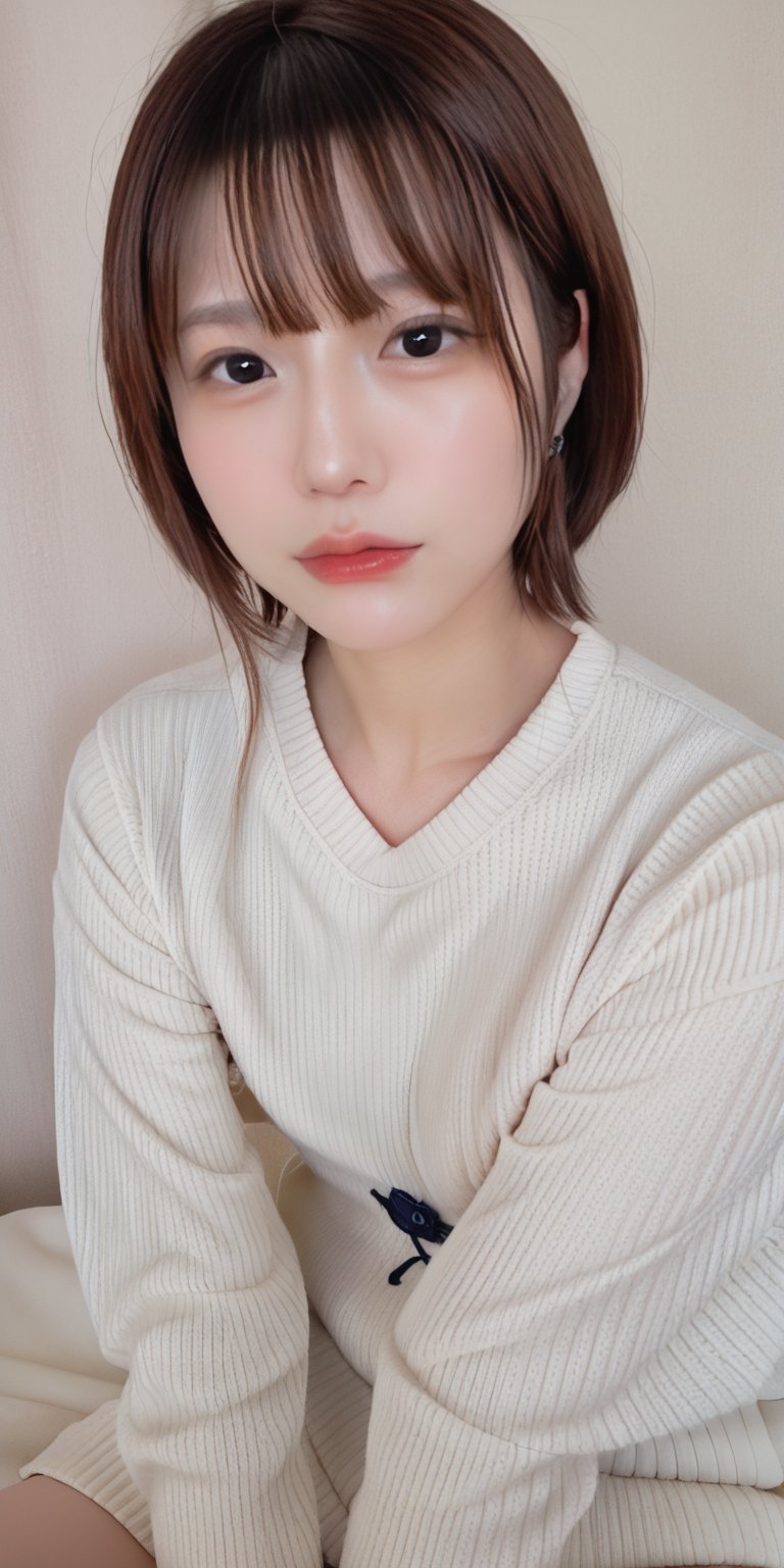 1girl, solo, looking at viewer, short hair, bangs, brown hair, closed mouth, black eyes, sweater, lips, realistic,mikas