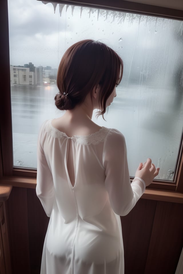 mikas
Rear view of a beautiful lady in a nightgown looking out the window at the rain falling