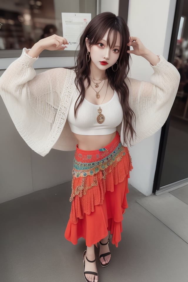 Bohemian Hip-Hop: A woman blends bohemian and hip-hop aesthetics with a flowing maxi skirt, a cropped crochet top, and chunky sandals. Her hair is adorned with flowers or feathers, and she accessorizes with layered necklaces and bangles.