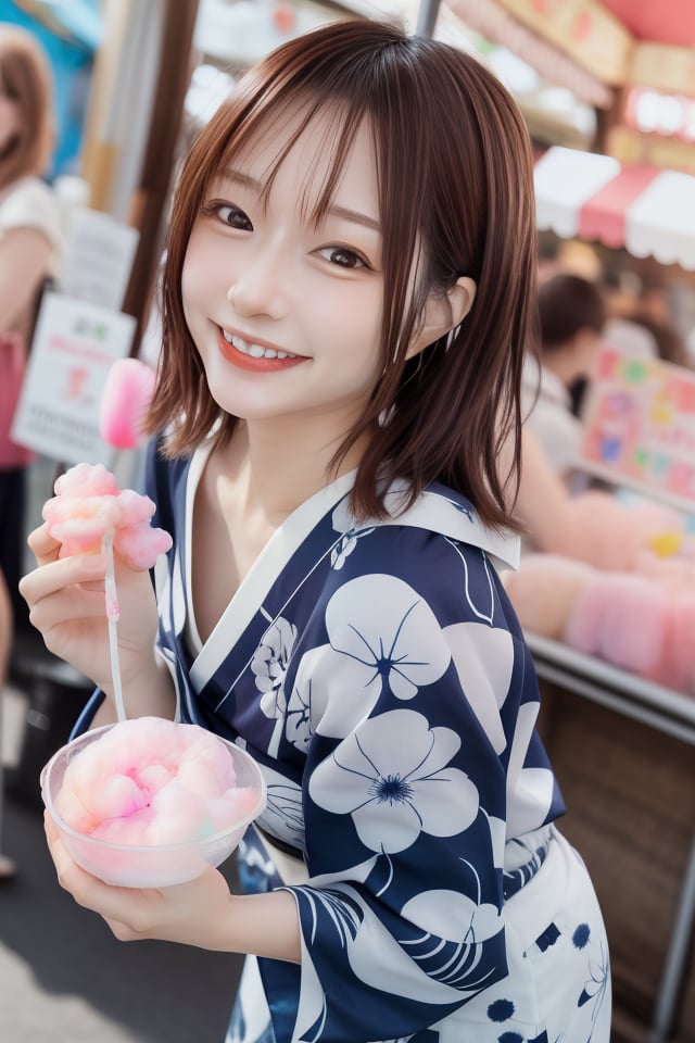 mikas
A cute girl wearing a yukata and smiling while holding cotton candy at the fair