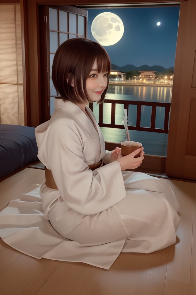 1girl, solo, looking at viewer, blush, smile, short hair, bangs, brown hair, black hair, long sleeves, holding, brown eyes, sitting, closed mouth, full body, japanese clothes, sky, indoors, kimono, water, from side, tree, cup, looking to the side, sash, night, obi, moon, star \(sky\), night sky, holding cup, full moon, seiza, alcohol, wooden floor, white kimono, mountain, on floor, tatami, sliding doors