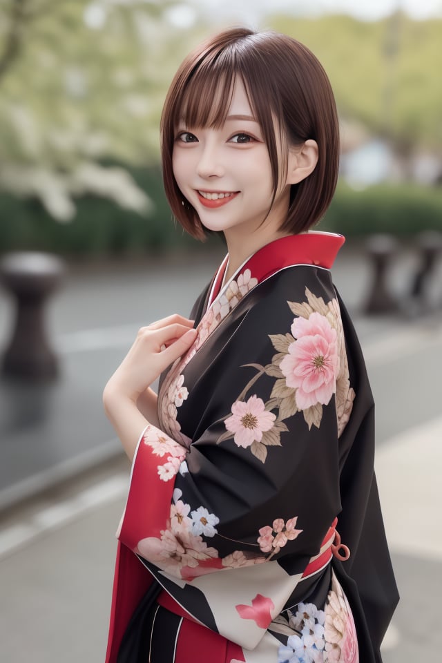 1girl, solo, looking at viewer, short hair, bangs, brown hair, upper body, outdoors, parted lips, japanese clothes, day, kimono, blurry, black eyes, lips, blurry background, floral print,smile