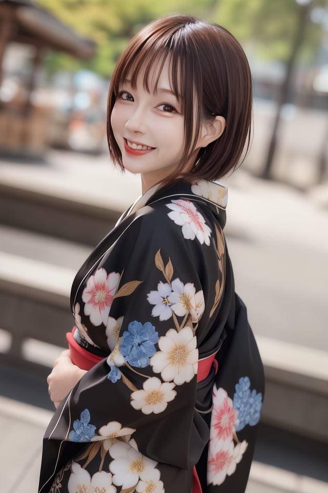 1girl, solo, looking at viewer, short hair, bangs, brown hair, upper body, outdoors, parted lips, japanese clothes, day, kimono, blurry, black eyes, lips, blurry background, floral print,smile