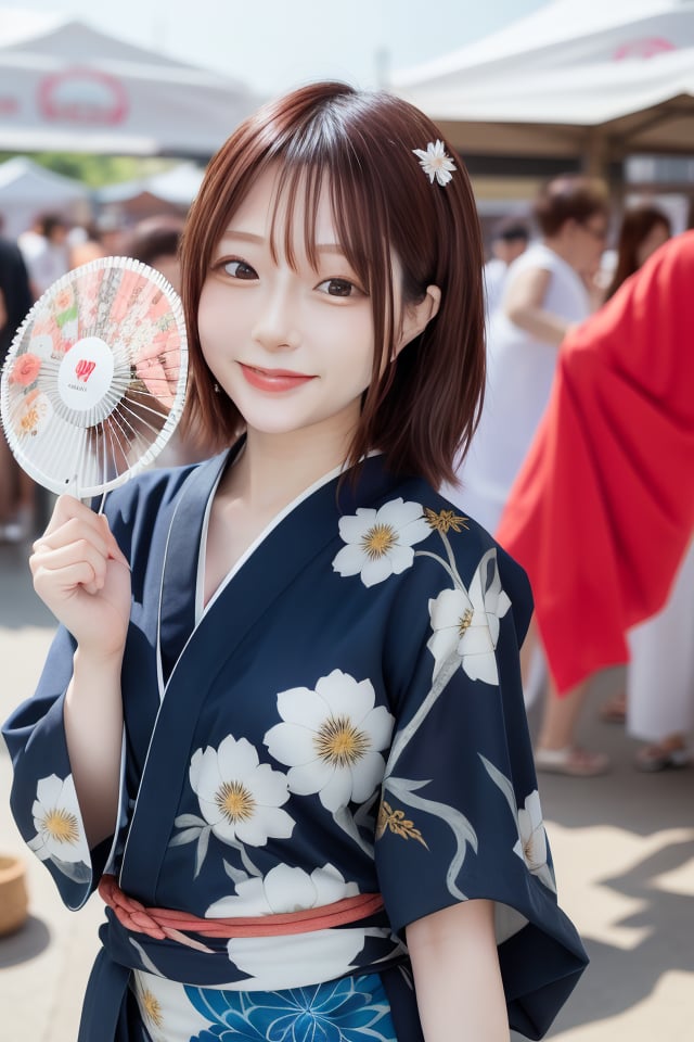 mikas
A beautiful lady wearing a yukata and holding a fan participates in a summer festival,smile