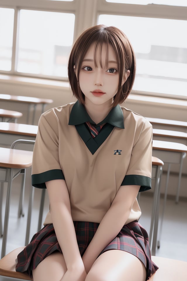 1girl, solo, short hair, skirt, brown hair, shirt, sitting, school uniform, short sleeves, plaid, plaid skirt, between legs, hand between legs, realistic, head out of frame