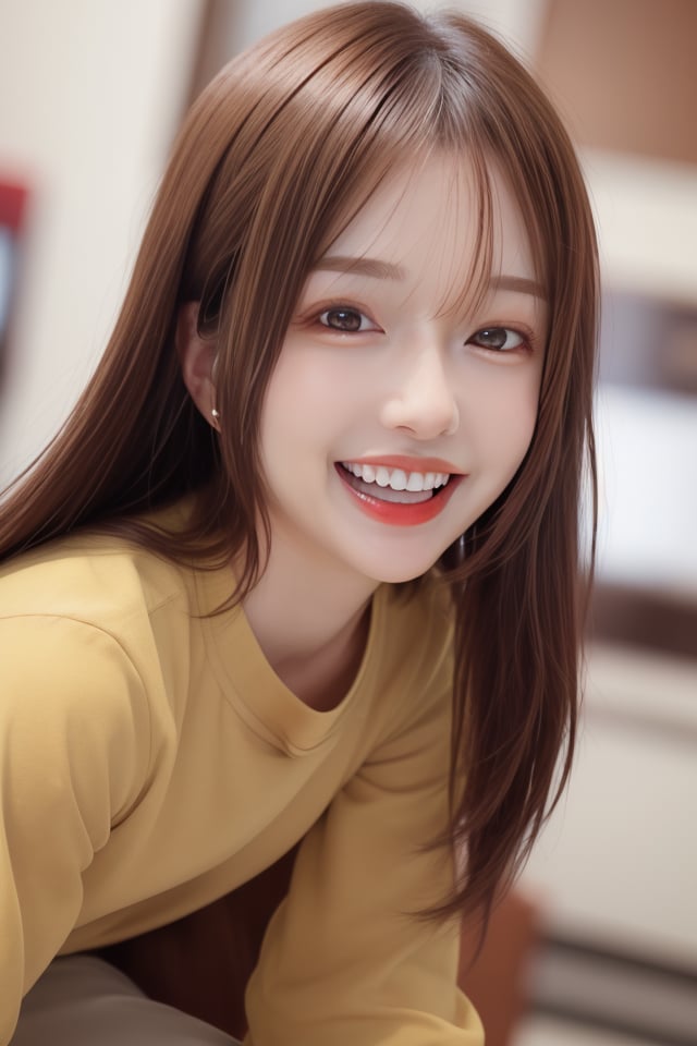 1girl, solo, long hair, looking at viewer, smile, open mouth, brown hair, shirt, hair ornament, brown eyes, teeth, hairclip, blurry, black eyes, lips, realistic,mikas
