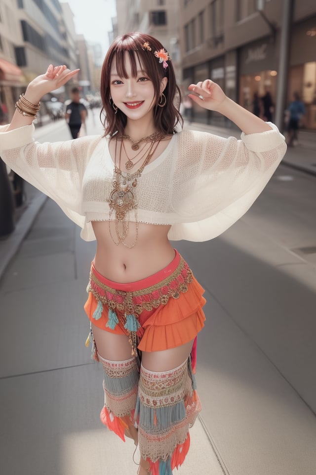 Bohemian Hip-Hop: A woman blends bohemian and hip-hop aesthetics with a flowing maxi skirt, a cropped crochet top, and chunky sandals. Her hair is adorned with flowers or feathers, and she accessorizes with layered necklaces and bangles,smile