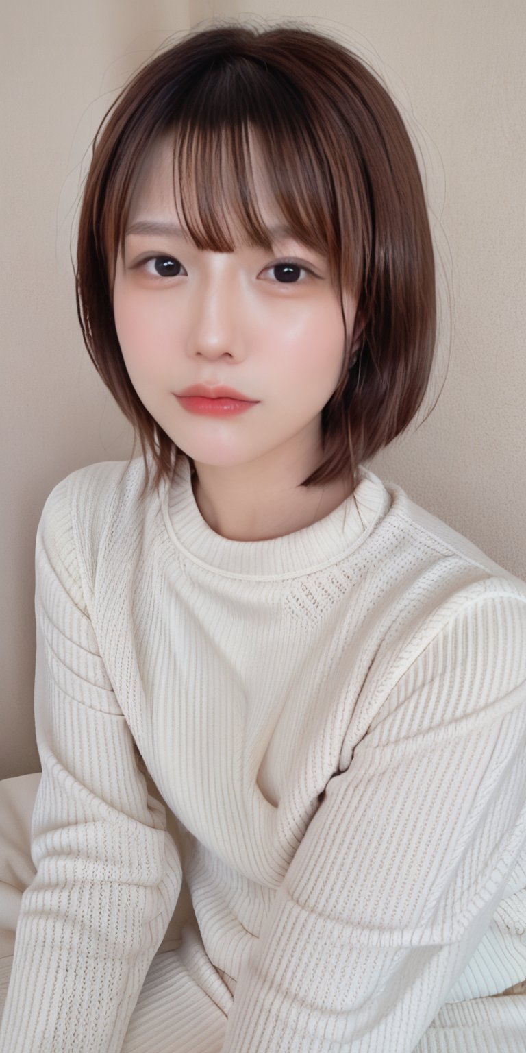 1girl, solo, looking at viewer, short hair, bangs, brown hair, closed mouth, black eyes, sweater, lips, realistic,mikas