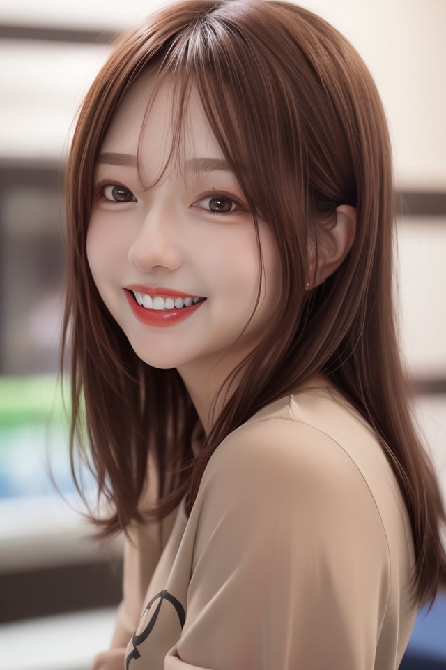 1girl, solo, long hair, looking at viewer, smile, open mouth, brown hair, shirt, hair ornament, brown eyes, teeth, hairclip, blurry, black eyes, lips, realistic,mikas
