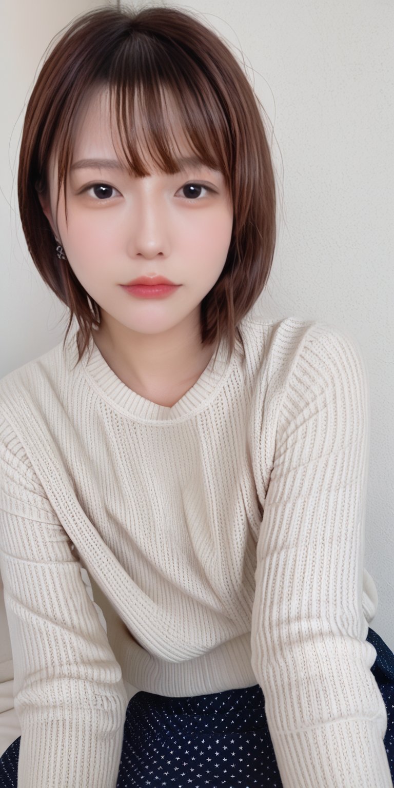 1girl, solo, looking at viewer, short hair, bangs, brown hair, closed mouth, black eyes, sweater, lips, realistic,mikas