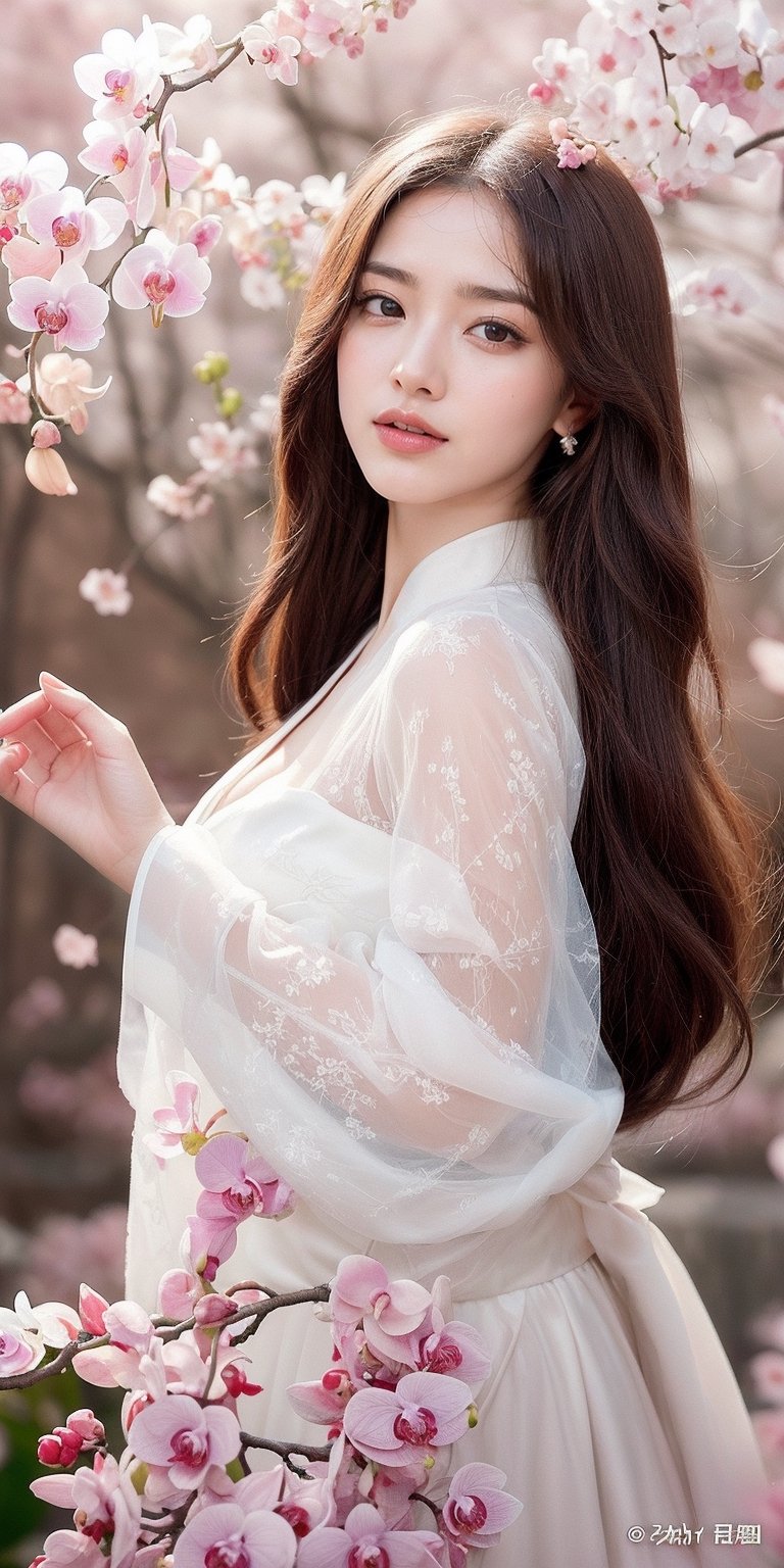 (masterpiece, top quality, best quality, official art, beautiful and aesthetic:1.2), (1girl), extreme detailed,(abstract, fractal art:1.3),highest detailed, detailed_eyes, light_particles, hanfu,jewelry, sexy, ,red,cherry blossom,The left hand's orchid fingers pinch a branch blooming with cherry blossoms,The right hand's orchid fingers lightly pinch the left sleeve,1 girl,realhands