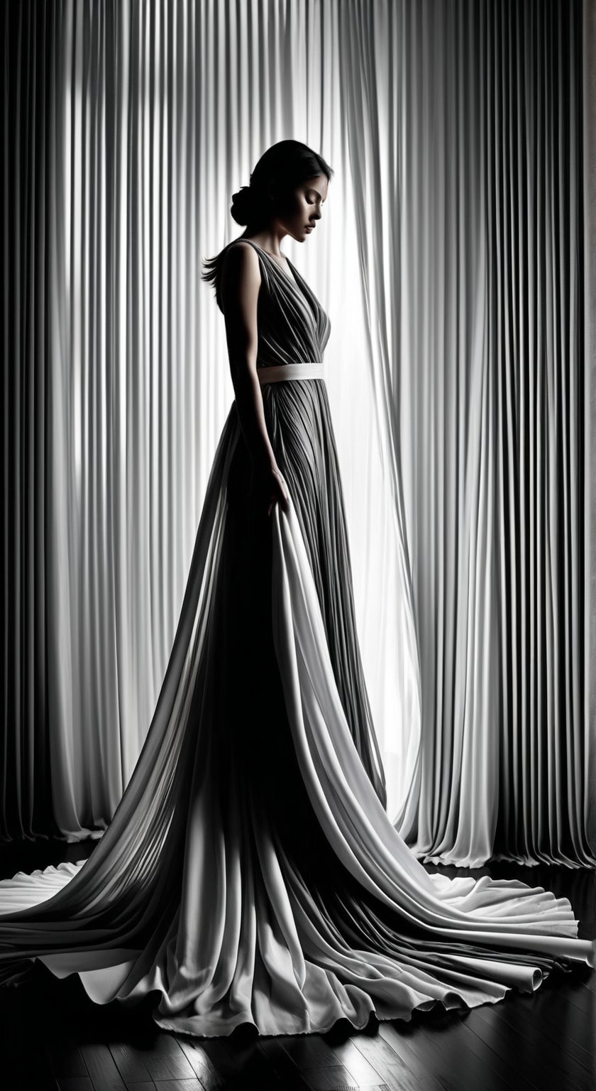 Split Lighting style,A modern artistic photograph of a woman, enveloped by an array of sweeping, flowing fabrics. This image captures the essence of contemporary art photography with a strong emphasis on light, shadow, and high contrast. adds a sense of mystery and anonymity, while the dynamic arrangement of the fabrics creates a sense of movement and fluidity. The photograph uses a monochrome color scheme to focus on the dramatic interplay of light and dark, highlighting the delicate textures and patterns of the fabrics against the woman's obscured face.