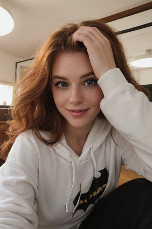 A whimsical snapshot: A provocative 25-year-old girl , ginger head with ponytail, with ravishing auburn locks and freckles sits serenely, beaming at the camera with an irresistible grin. Her eyes shine like gemstones, casting a gentle glow on her porcelain skin. She wears an oversized black croped with batman logo and hood, baggy sweat pants, her delicate features framed by a halo of luscious hair, suspended in time.