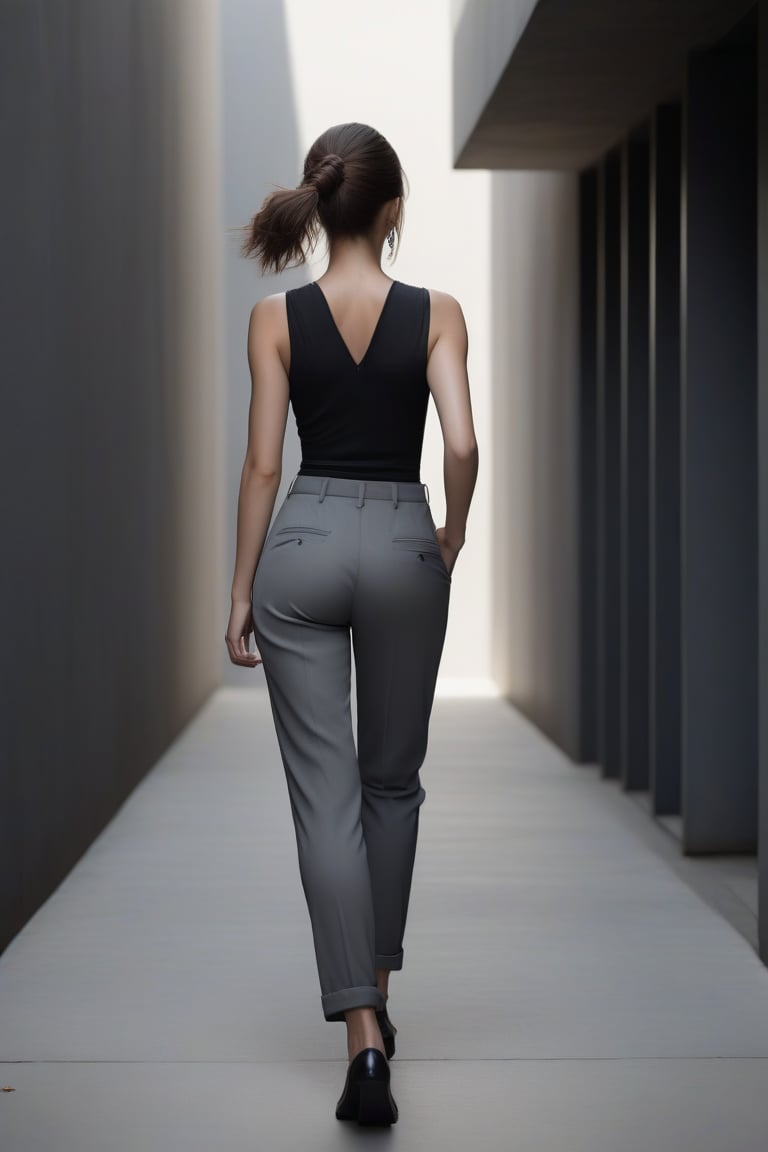 A woman walks backwards, her gaze lingering on something behind her as she moves. She wears a sleek black top that contrasts beautifully with the grey pants she's wearing. Her bright, piercing eyes are the focal point of the image, shining like beacons in the midst of a blurred background. The subtle gradient of light and shadow adds depth to the composition, drawing the viewer's attention to her enigmatic expression.