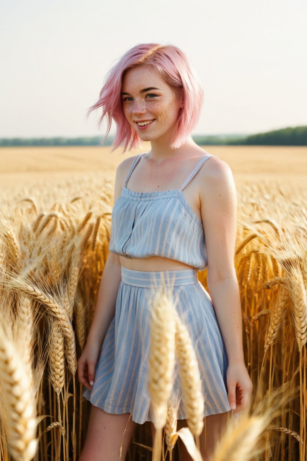 style : whole body visible in the photo, 1girl : young adult, light_pink_hair , freckless, pale_skin, cheerfull_expression, light girly clothing. BREAK. sunny wheat field