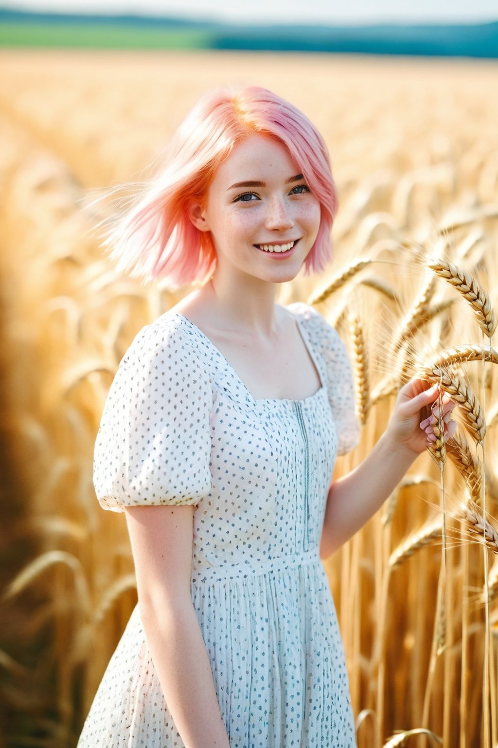 style : whole body visible in the photo, 1girl : young adult, light_pink_hair , freckless, pale_skin, cheerfull_expression, light girly clothing, young adult. BREAK. sunny wheat field