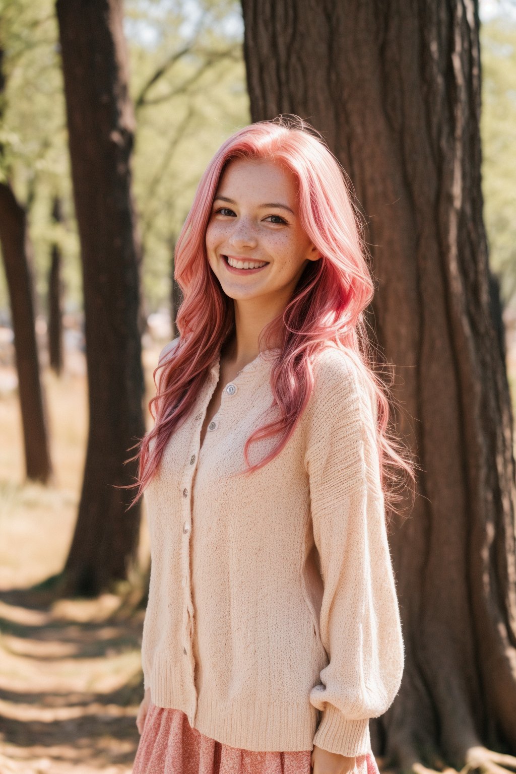 1girl, long_hair,pink_hair, shy, freckles, pale_skin, smile, cheerful_expression, girly_clothing, full_body, backed_tree, focus_on_body_girl,