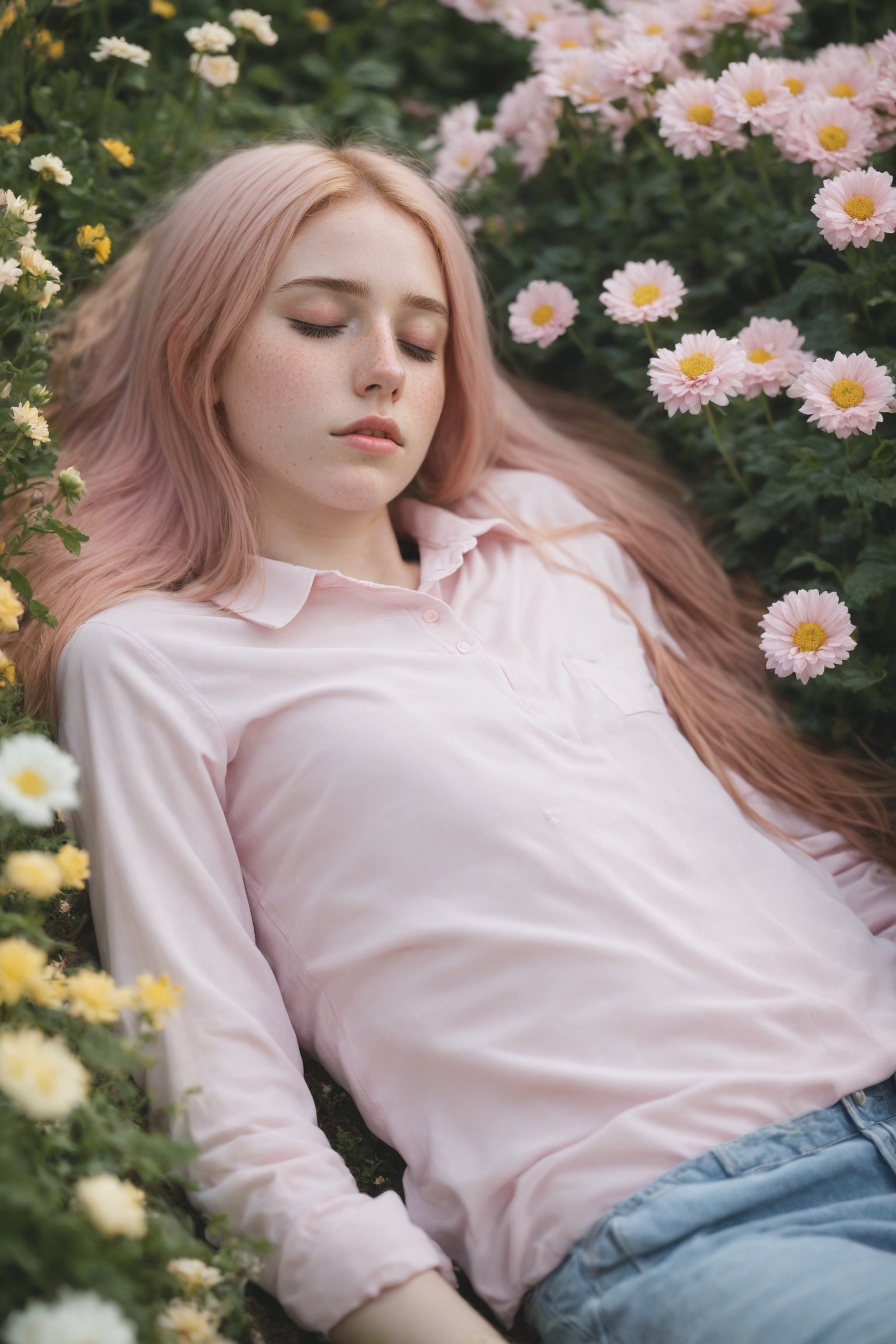 1girl, long_hair,light_pink_hair, shy, freckles, pale_skin, girly_clothing, full_body,  the young woman has fallen asleep on a flowerbed, focus_on_body_girl, detailed_face, young_face