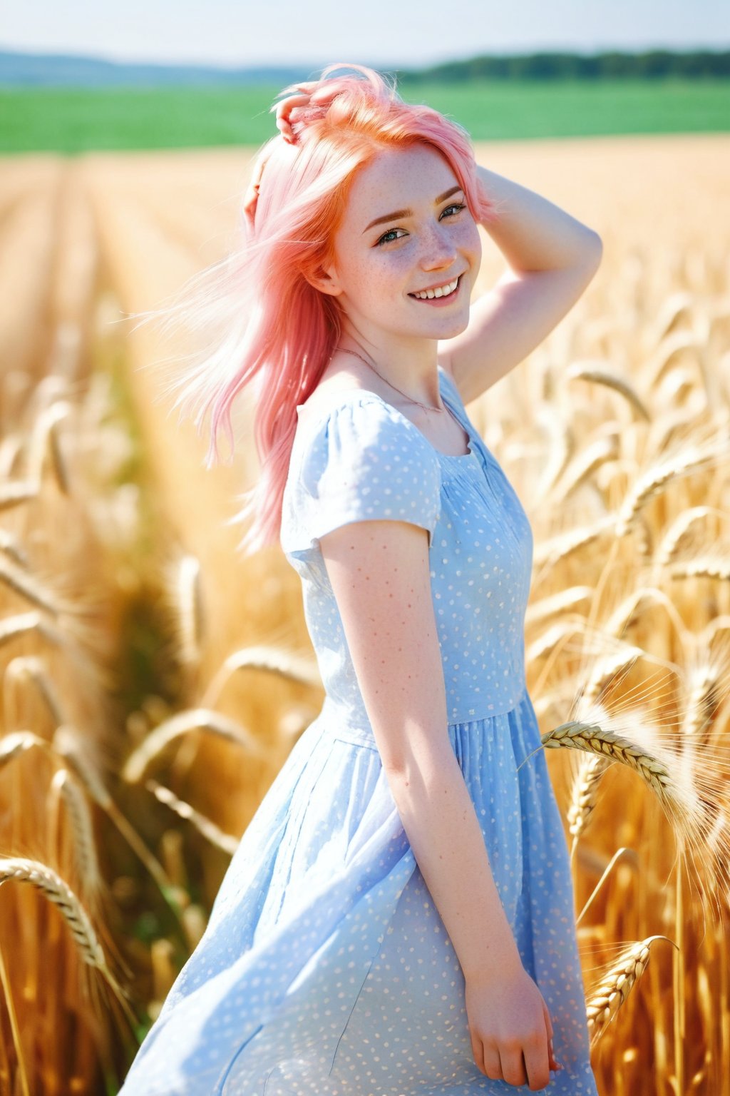 style : whole body visible in the photo, 1girl : young adult, light_pink_hair , freckless, pale_skin, cheerfull_expression, light girly clothing, young adult. BREAK. sunny wheat field