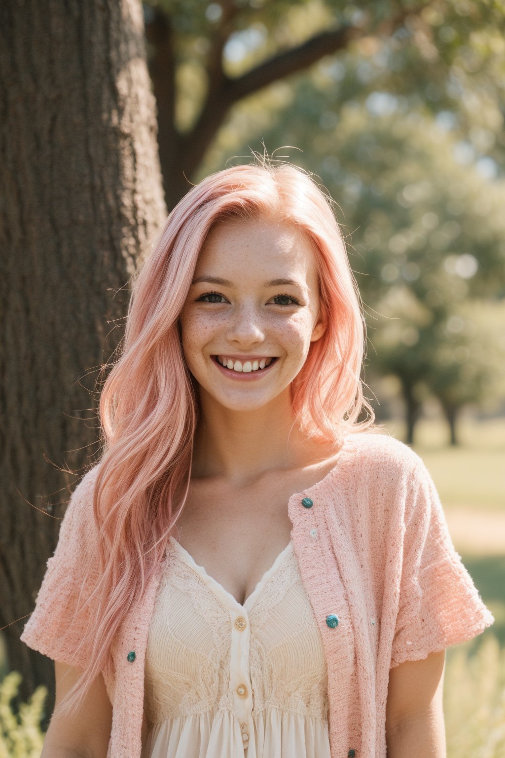 1girl, long_hair,pink_hair, shy, freckles, pale_skin, smile, cheerful_expression, girly_clothing, full_body, backed_tree, focus_on_body_girl,