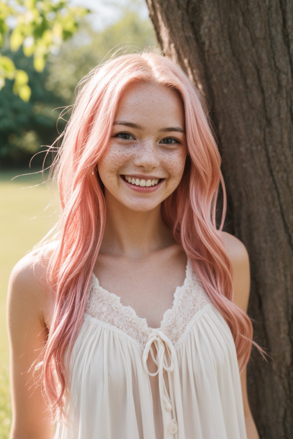 1girl, long_hair,pink_hair, shy, freckles, pale_skin, smile, cheerful_expression, girly_clothing, full_body, backed_tree, focus_on_body_girl,