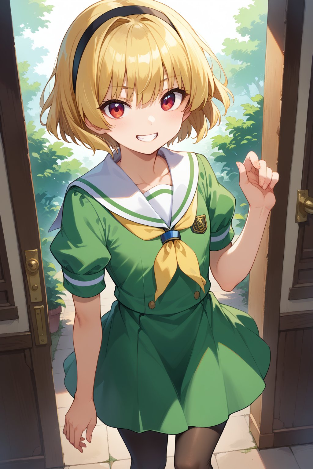 score_9, score_8_up, score_7_up,source_anime,
beautiful, source_anime, beautiful_female_fingers,
houjou_satoko,1girl, solo, flat chest, pantyhose, blonde hair, hairband, dress, short hair, short sleeves, black hairband, green dress, sailor collar, black pantyhose, red eyes, white sailor collar, puffy sleeves, yellow neckerchief, sailor dress, puffy short sleeves, bangs, neckerchief, 
 
classroo, grin, spin, dynamic angle