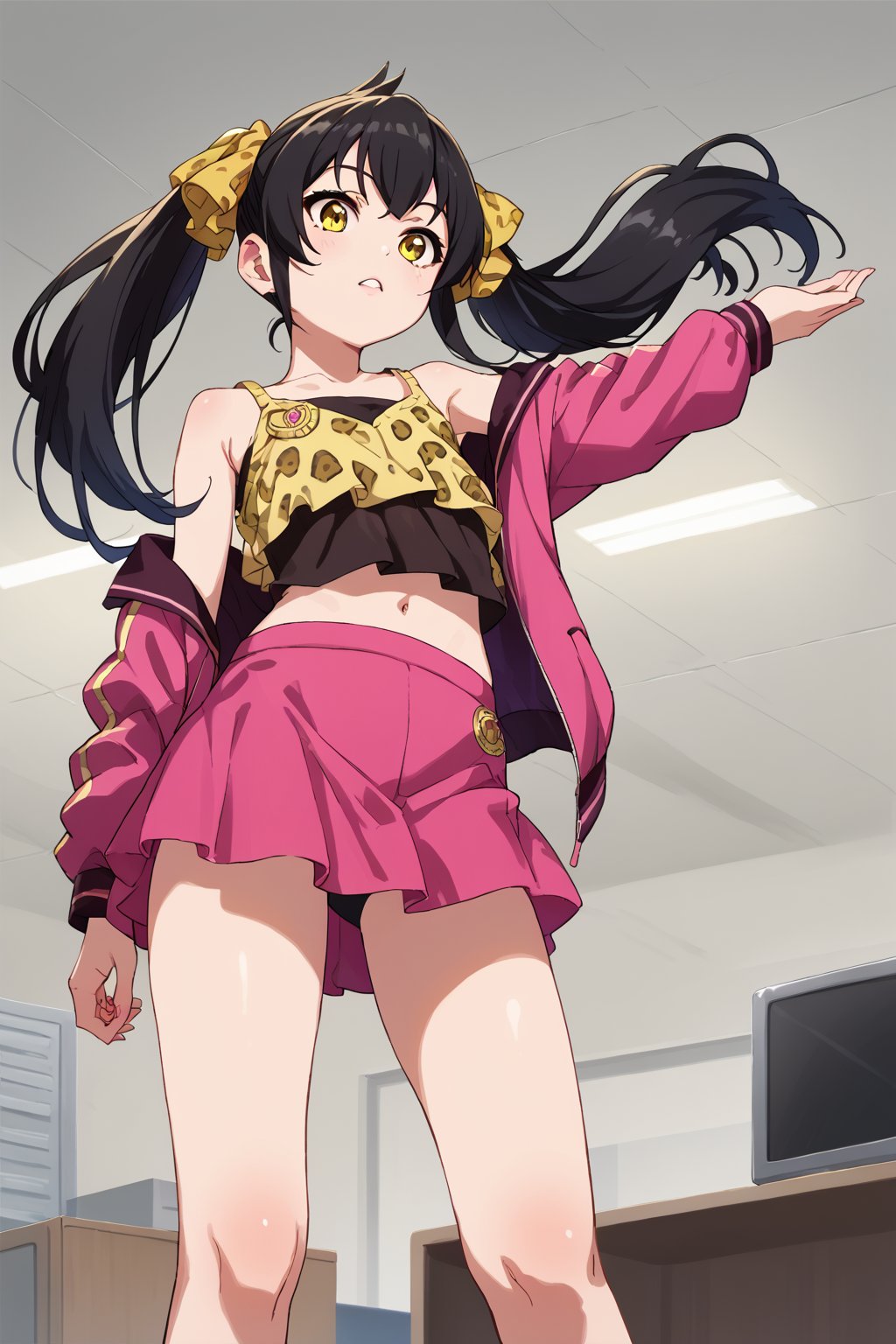 ore_9, score_8_up, score_7_up, score_6_up, score_5_up, score_4_up, BREAK source_anime,

1girl, Matoba_Risa, yellow_eyes, ((black hair)), twintails, hair_ribbon, long_hair, flat_chest, yellow_eyes, open_jacket, off_shoulder, pink_jacket, print_ribbon, yellow_ribbon, pink_skirt, miniskirt, leopard_print_shirt, navel,
standing, in office, from below, cowboy shot,
,beautiful_female_fingers,perfect hands,

dancing, on street,