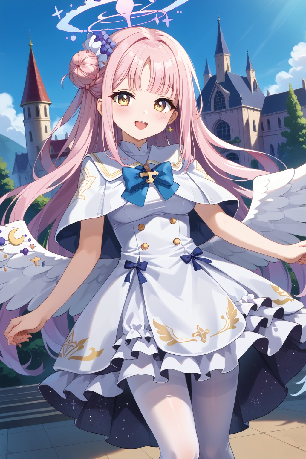 masterpiece, best quality, ultra-detailed, perfect anatomy, High detailed, detailed background, beautiful face, 
,//characters, 1girl, solo, mika-default, mika \(blue archive\), yellow eyes, single hair bun, pink hair, long hair, halo, white dress, capelet, wings, white pantyhose, high heels,
extremely pretty face, beautiful face, ultra-detaild face, cute face, shiny hair, ultra-detailed eyes, big eyes, droopy eyes, (eyelid:0.0), (perfect eyelid), beautiful eyebrow, (eyelashes:0.4), Bishojo, beautiful nose, perfect face, open_mouth, blush, 
,//situations, beautiful scene, cyber castle, light particle
,//pose, 
a girl, open arms for viewer ,datch angle, cowboy shot, face focus, ((upper body)),
,/LoRA, beautiful_female_fingers, perfect anatomy, correct number of fingers, 5_fingers, perfect hands, beautiful hands, Expressiveh,concept art,reset_Kalar, himegasakisakurako, furuderika_pony,totori_pony,tillday_shape, Urza_Planeis, tsukiko, majin_hornet