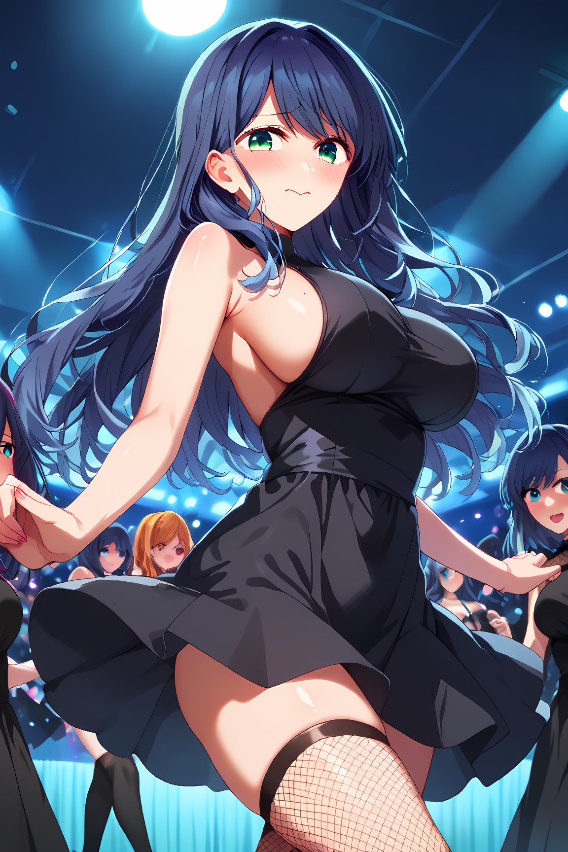 (cute girl:1.2) , shiny skin, rating_safe,expressive eyes, perfect face, illustration,score_9, score_8_up, score_7_up, source_anime, akanekurokawa, akane kurokawa, bangs, green eyes, blue hair, long hair, dark blue hair, big breasts, embarrassed,blush,

black dress, high stockings, fishnet, makeup,  side boob, crowded, group, night club, front view, from below, stage, dancing,

,5_fingers, beautiful_female_fingers,