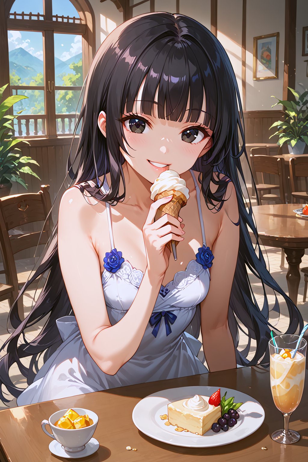 masterpiece, best quality, ultra-detailed, perfect anatomy, High detailed, detailed background, beautiful face, Claudia, nanasemei, nonomiyatsugumi,

a girl, small breasts, No public hair, extremely pretty face, beautiful face, ultra-detaild face, cute face,  black hair, long hair, blunt bangs, straight hair, ultra-detailed eyes, black eyes, beautiful eyebrow, (eyelashes:0.4), Bishojo, beautiful nose, parted_lips, happy expression, blush, smile, datch angle, cowboy shot,

summer dress, big smile,
table, eating, ice-creams

,beautiful_female_fingers,
,score_9, score_8_up, score_7_up,Expressiveh, concept art, Anime ,hentai, dark theme,