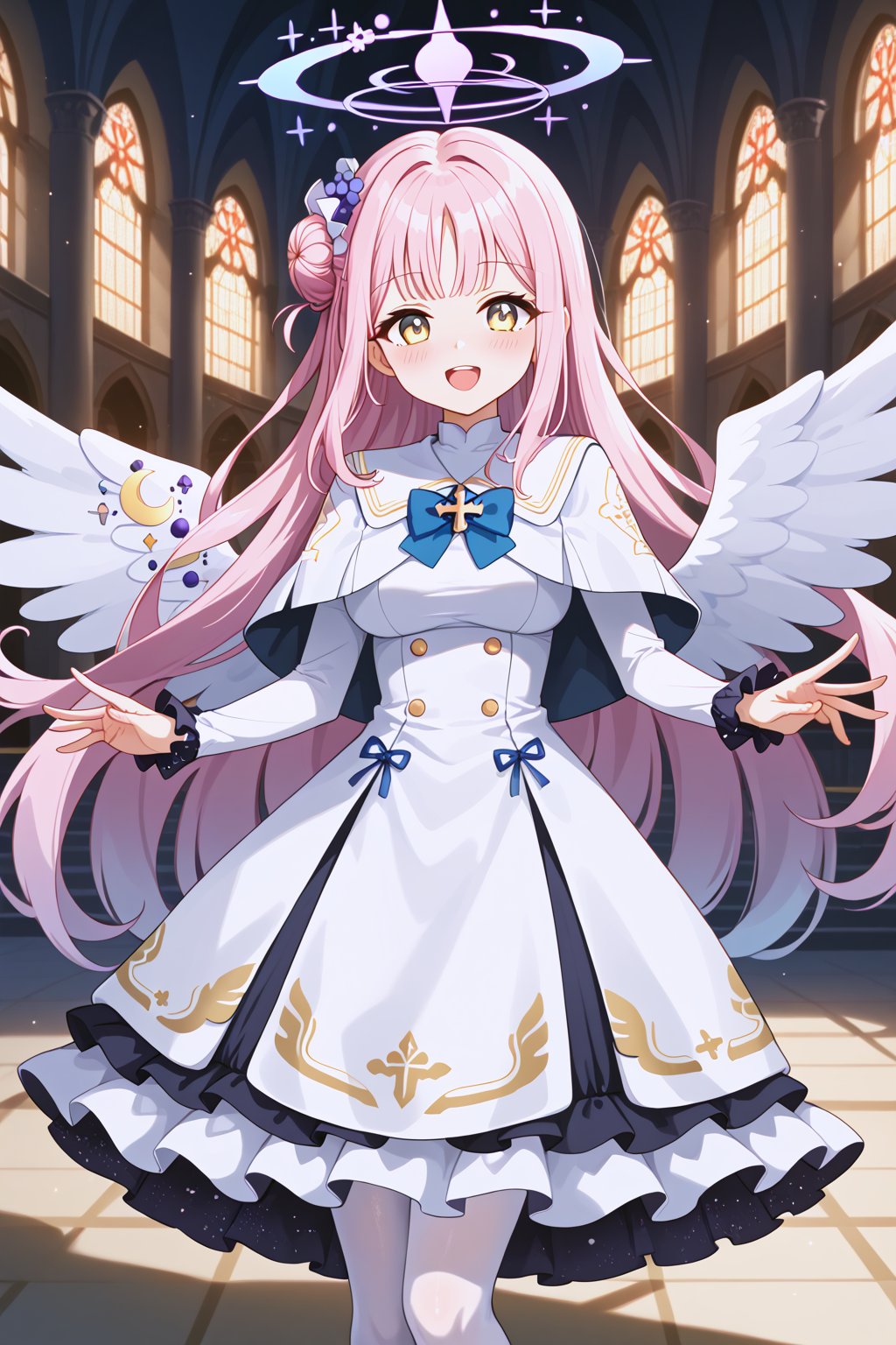 masterpiece, best quality, ultra-detailed, perfect anatomy, High detailed, detailed background, beautiful face, 
,//characters, 1girl, solo, mika-default, mika \(blue archive\), yellow eyes, single hair bun, pink hair, long hair, halo, white dress, capelet, wings, white pantyhose, high heels,
extremely pretty face, beautiful face, ultra-detaild face, cute face, shiny hair, ultra-detailed eyes, big eyes, droopy eyes, (eyelid:0.0), (perfect eyelid), beautiful eyebrow, (eyelashes:0.4), Bishojo, beautiful nose, perfect face, open_mouth, blush, 
,//situations, beautiful scene, cyber castle, light particle
,//pose, 
a girl, open arms for viewer ,datch angle, cowboy shot, face focus,
,/LoRA, beautiful_female_fingers, perfect anatomy, correct number of fingers, 5_fingers, perfect hands, beautiful hands, Expressiveh,concept art,reset_Kalar, himegasakisakurako, furuderika_pony,totori_pony,tillday_shape, Urza_Planeis, tsukiko, majin_hornet