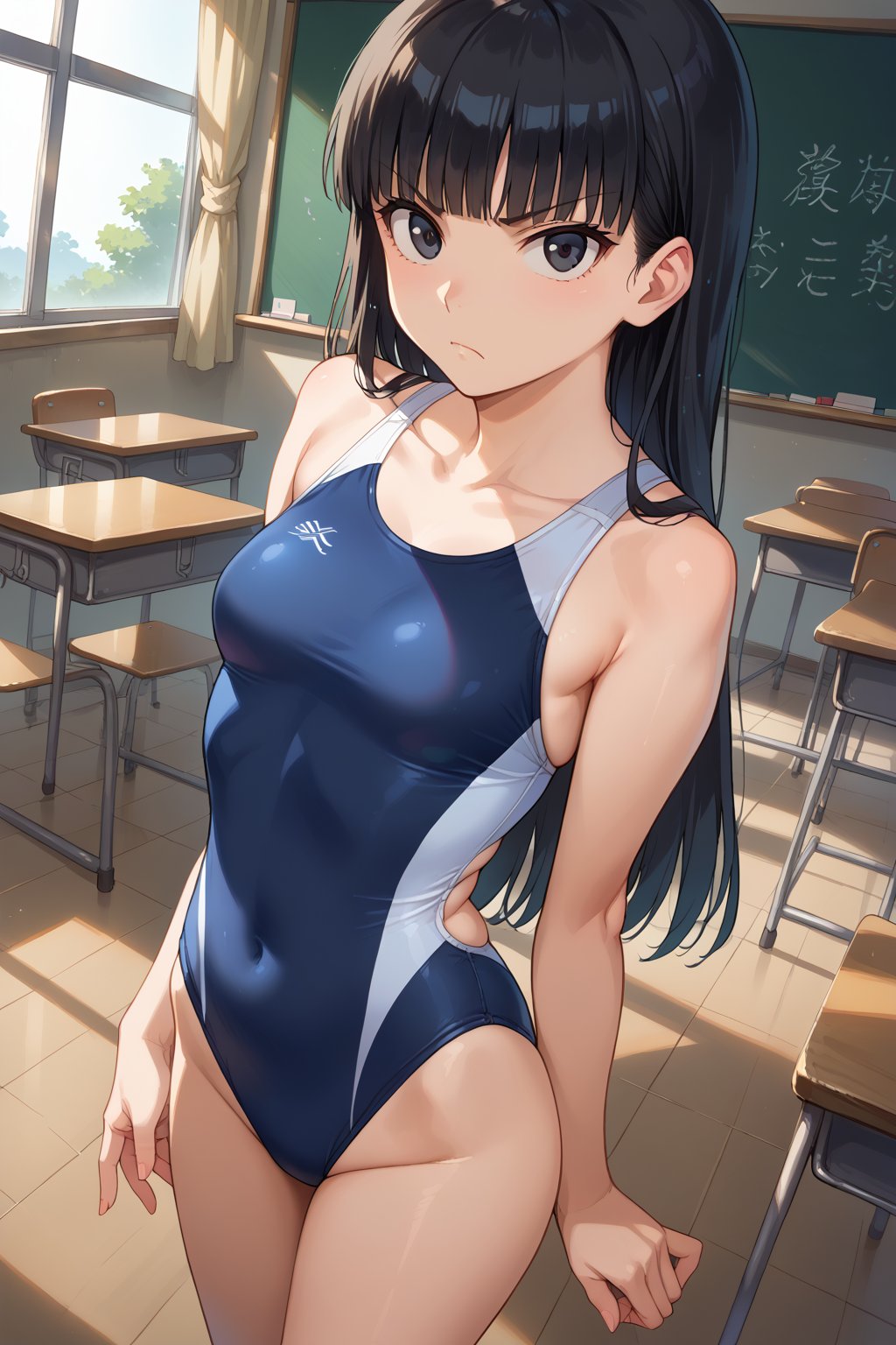 score_9, score_8_up, score_7_up,source_anime,
beautiful, source_anime,
tsukasa ayatsuji, black hair, long hair, black eyes, bangs, blunt bangs, beautiful_female_fingers,

competitive swimsuit, classroom, standing, glaring at the viewer, from above, looking at viewer, dutch angle, cowboy shot,