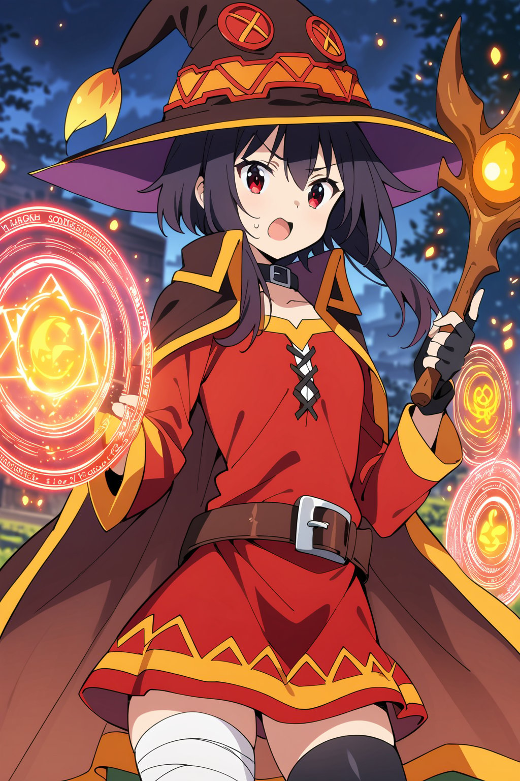 score_9, score_8_up, score_7_up, masterpiece, best quality, high quality, detailed, extremely detailed,
official_art,
1girl, megumin (konosuba), nimugempnxl, short hair, black hair, red eyes, short hair with long locks,

thighhighs, gloves, hat, dress, black gloves, belt, black thighhighs, fingerless gloves, cape, collar, witch hat, bandages, red dress, single thighhigh, asymmetrical legwear, bandaged leg,
solo, cowboy shot, fantasy field, 

holding big wood wand, magic effect, many, magic circle, Thunder, night,

5_fingers, beautiful_female_fingers,