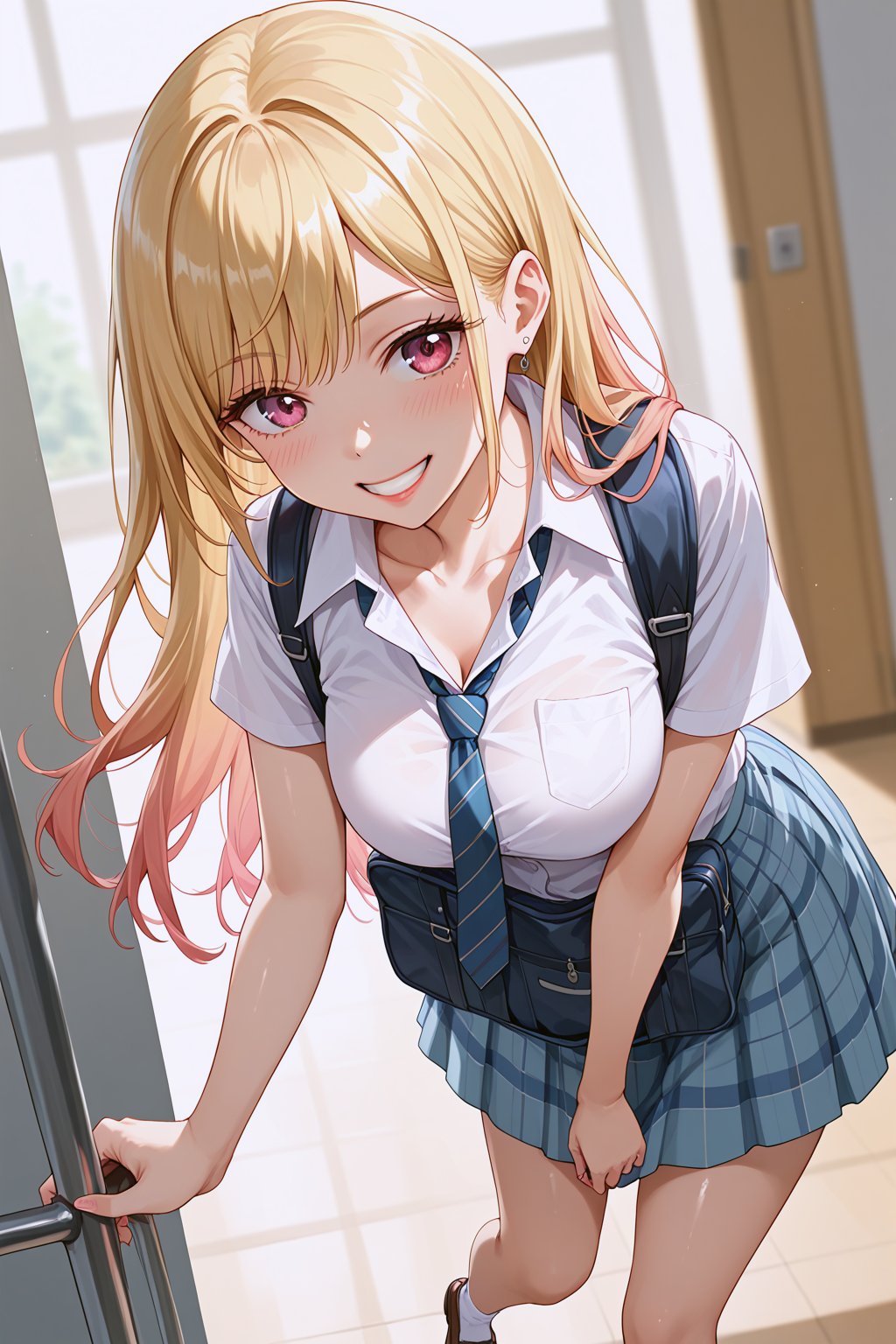 score_9,score_8_up,score_7_up,1girl,  solo, absurdres, beautiful detailed background, depth of field,
kitagawa_marin, sono_bisque_doll_wa_koi_wo_suru, 1girl, blonde_hair, red_eyes, long_hair, degradiente hair,
shiny skin, smile, blush, lips, grin,

,white_shirt, tie loosely, Collarbone, light blue checked skirt, schoolbag, shoes, datch angle, cowboy shot, leaning forward,