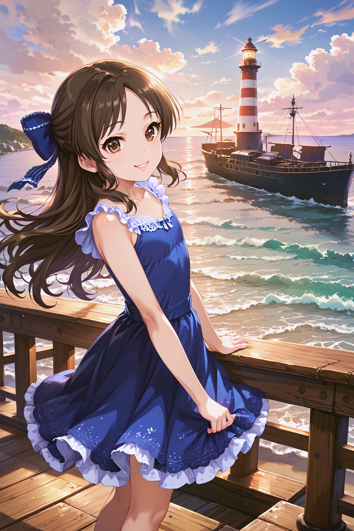 masterpiece, best quality, ultra-detailed, perfect anatomy, High detailed, detailed background, beautiful face,  Uncensored, Claudia, nanasemei, nonomiyatsugumi, draw it very clearly,

cbnars, long hair, brown hair, parted bangs ,hair bow , brown eyes, flat chest, detailed face, beautiful face, clear face, smile, parted, lips, 
idol girl. blue dress,

seaside, sunset,draw it very clearly, pier, lighthouse, ship, detailed back ground, depth_of_field, side view, face forcus,

,perfect fingers, score_9, score_8_up, score_7_up,Expressiveh, concept art, dark theme, ,tcbnars,beautiful_female_fingers