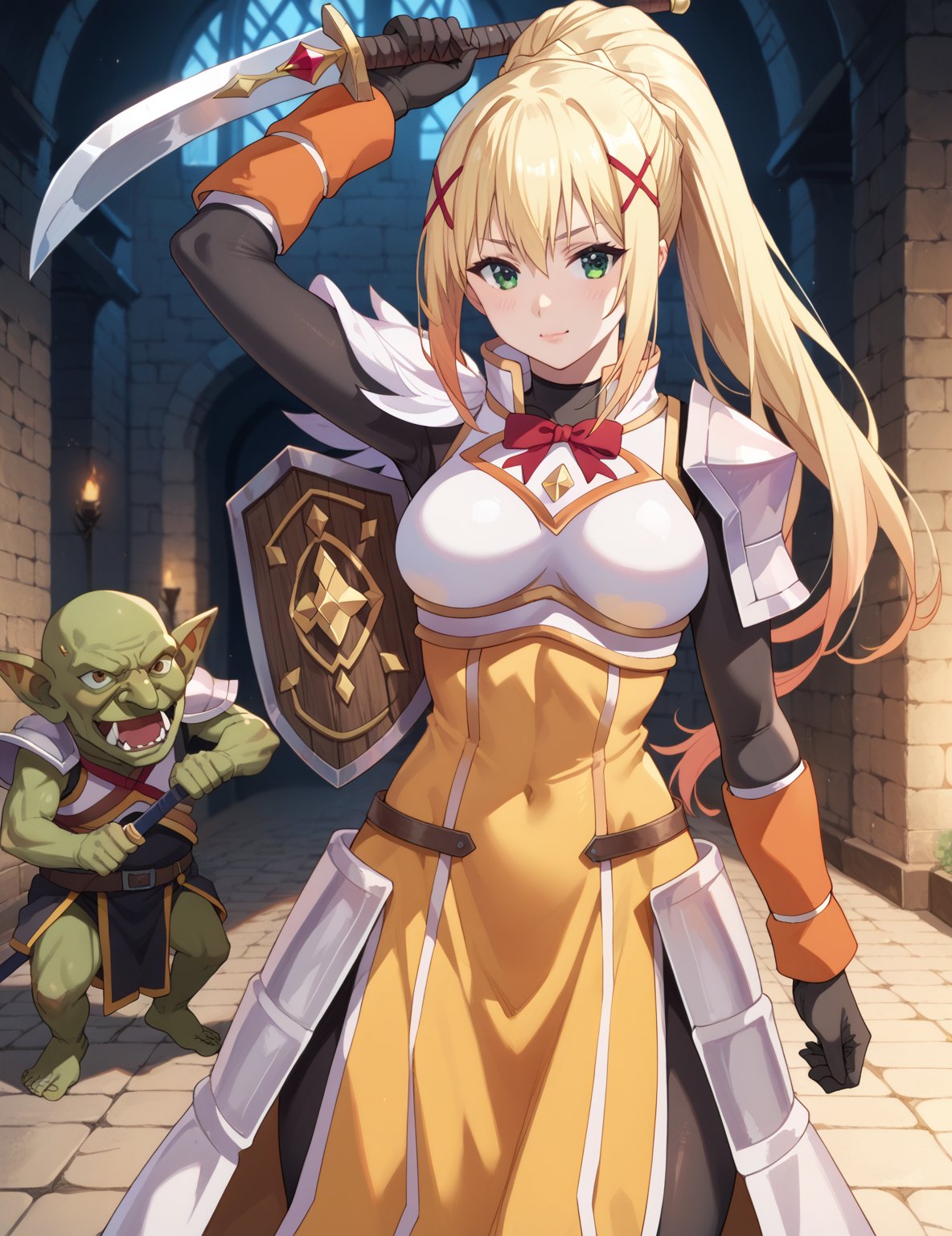 source_anime, score_7_up, score_8_up, score_9_up,solo,darkness \(konosuba\), long hair, green eyes, blonde hair, hair ornament, ponytail, braid, x hair ornament,gloves, armor, bodysuit, shoulder armor, armored dress,beautiful_female_fingers,

dungeon, battle, dynamic pose, dynamic angle, holding a shield, holding a sword, monster, goblin, orc, one arm up,