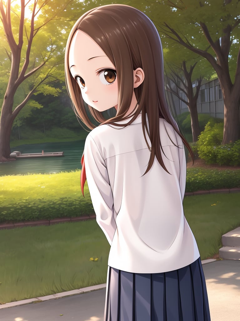 masterpiece,
Takagi-san, young, white shirt, sailor shirt, holding school bag, Riverside in the evening, Lyrical Scene, Arms behind back, look back