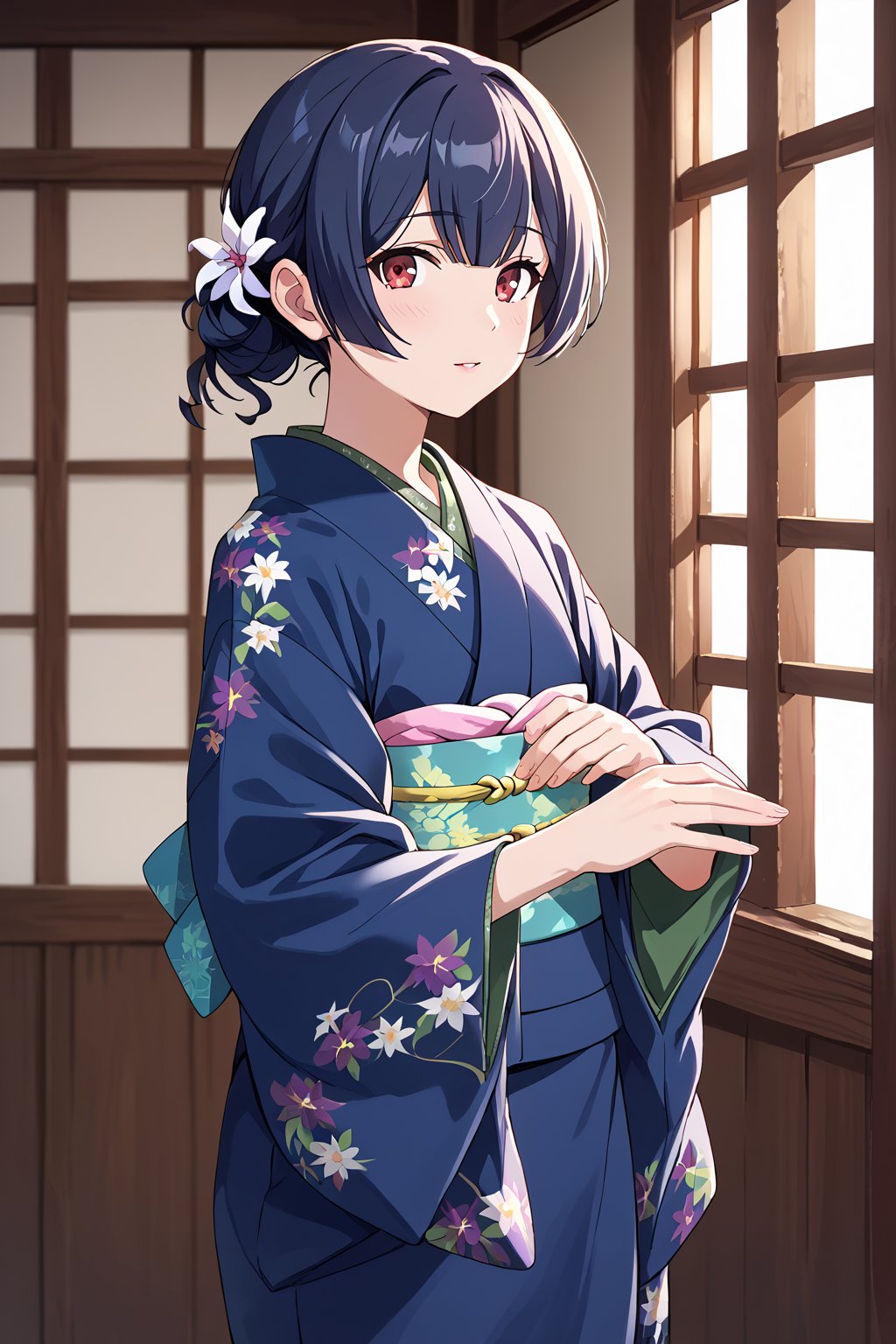 ore_9, score_8_up, score_7_up, score_6_up, score_5_up, score_4_up, BREAK source_anime, 1girl, morino rinze, looking at viewer, single hair bun, hair flower, red eyes, 

1girl,  blue kimono, floral print,long sleeves,

,beautiful_female_fingers,perfect hands,