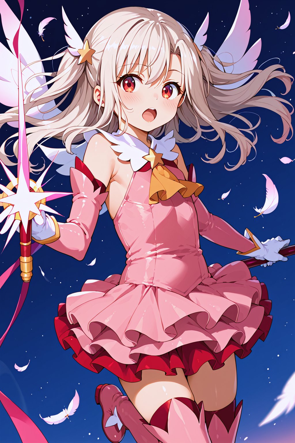 masterpiece, best quality, ultra-detailed, perfect anatomy, High detailed, detailed background, beautiful face,  Uncensored,

1girl, tiny body, flat chest, white hair, red eyes, big eyes, long hair, twin tails, super_kawaii, bisyojo, hair ornament, feathers, pink dress, elbow gloves, magical girl, pink thigh Boots,standing, holding magical stick, looking at viewer, open_mouth, blush,

night, fighting, dutch angle , cowboy shot, from front,

,beautiful_female_fingers,perfect hands,detailed hands,beautiful hands
, score_9, score_8_up, score_7_up, score_6_up, score_5_up, score_4_up, BREAK source_anime, masterpiece