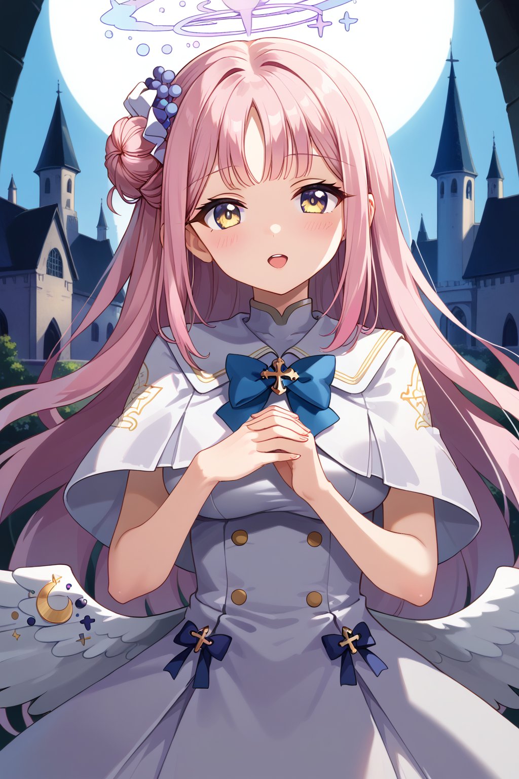 masterpiece, best quality, ultra-detailed, perfect anatomy, High detailed, detailed background, beautiful face, 
,//characters, 1girl, solo, mika-default, mika \(blue archive\), yellow eyes, single hair bun, pink hair, long hair, halo, white dress, capelet, wings, white pantyhose, high heels,
extremely pretty face, beautiful face, ultra-detaild face, cute face, shiny hair, ultra-detailed eyes, big eyes, droopy eyes, (eyelid:0.0), (perfect eyelid), beautiful eyebrow, (eyelashes:0.4), Bishojo, beautiful nose, perfect face, open_mouth, blush, 
,//situations, beautiful scene, cyber castle, light particle
,//pose, 
a girl, open arms for viewer ,datch angle, cowboy shot, face focus, ((upper body)),
,/LoRA, beautiful_female_fingers, perfect anatomy, correct number of fingers, 5_fingers, perfect hands, beautiful hands, Expressiveh,concept art,reset_Kalar, himegasakisakurako, furuderika_pony,totori_pony,tillday_shape, Urza_Planeis, tsukiko, majin_hornet