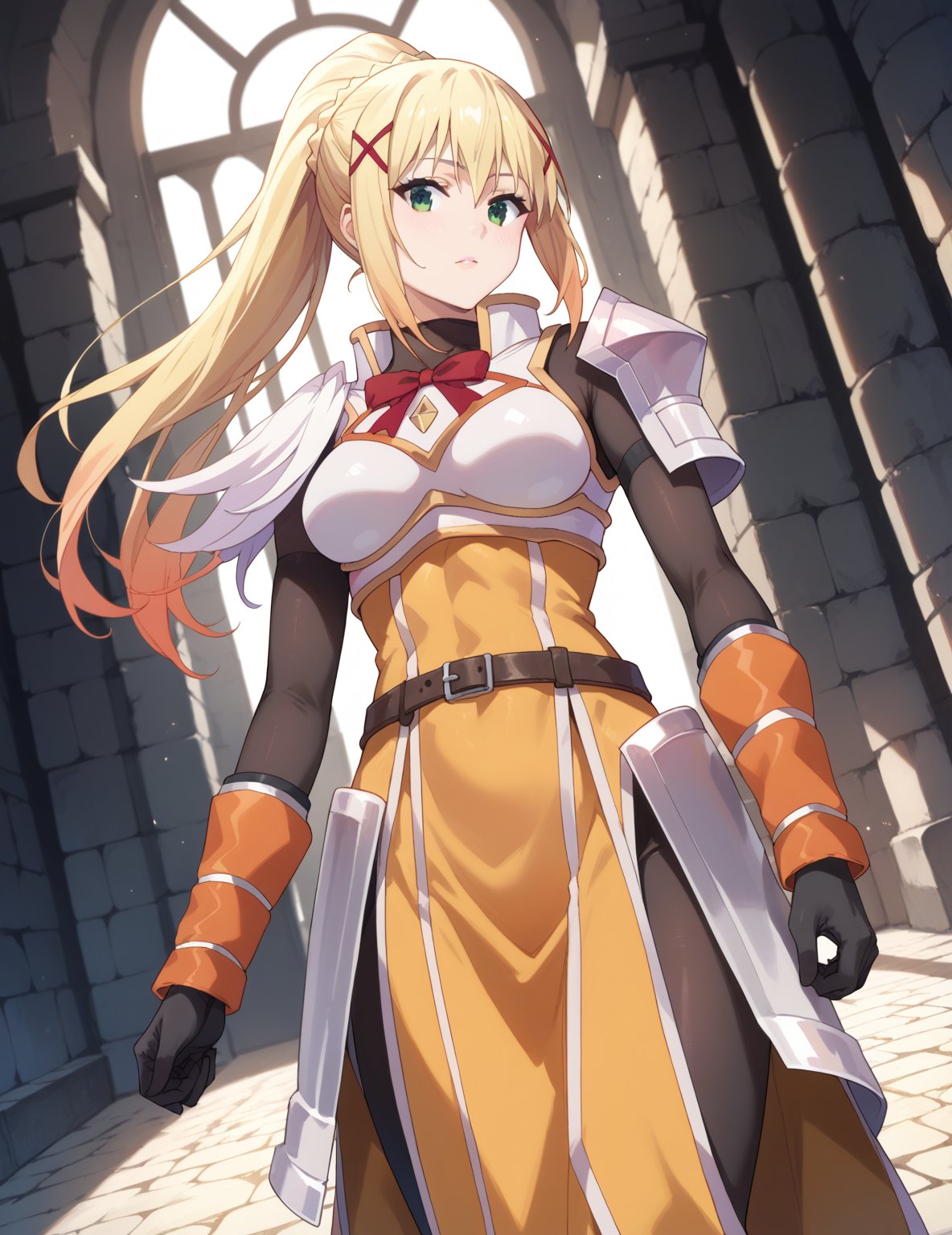 source_anime, score_7_up, score_8_up, score_9_up,solo,darkness \(konosuba\), long hair, green eyes, blonde hair, hair ornament, ponytail, braid, x hair ornament,gloves, armor, bodysuit, shoulder armor, armored dress,beautiful_female_fingers,

dungeon, battle, dynamic pose, dynamic angle, holding big shield