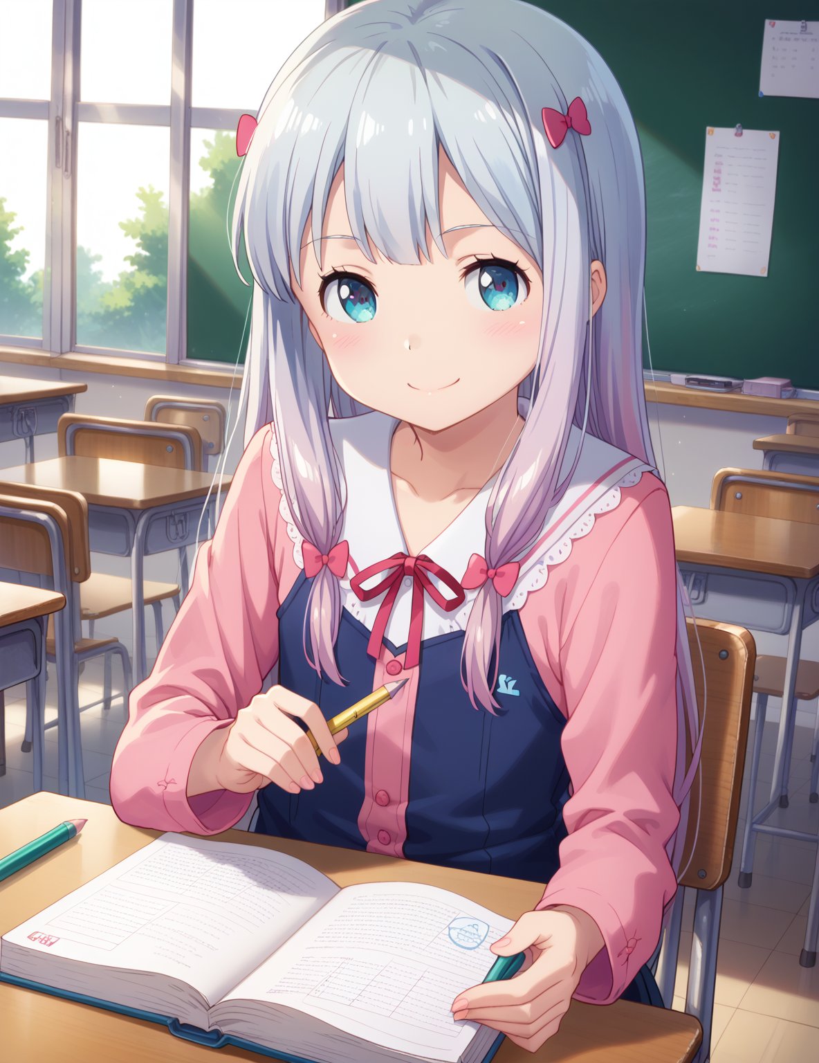 masterpiece, best quality, 8k, ultra-detailed, score_9, score_8_up, score_7_up 
,//characters,sagiri izumi, loli, (((tiny body))), flat chest, solo,No public hair, extremely pretty face, beautiful face, ultra-detaild face, ultra-detailed eyes,
,//situations, classroom, desk, Mechanical pencil, eraser,a notebook
,//pose,
sitting on chair, cheek resting on hand, soft smile, dutch angle, cowboy shot
,/LoRA, 
beautiful_female_fingers, perfect anatomy, correct number of fingers, beautiful hands, Expressiveh,concept art,reset_Kalar, furuderika_pony,totori_pony,tillday_shape, Urza_Planeis, tsukiko, perfecteyes