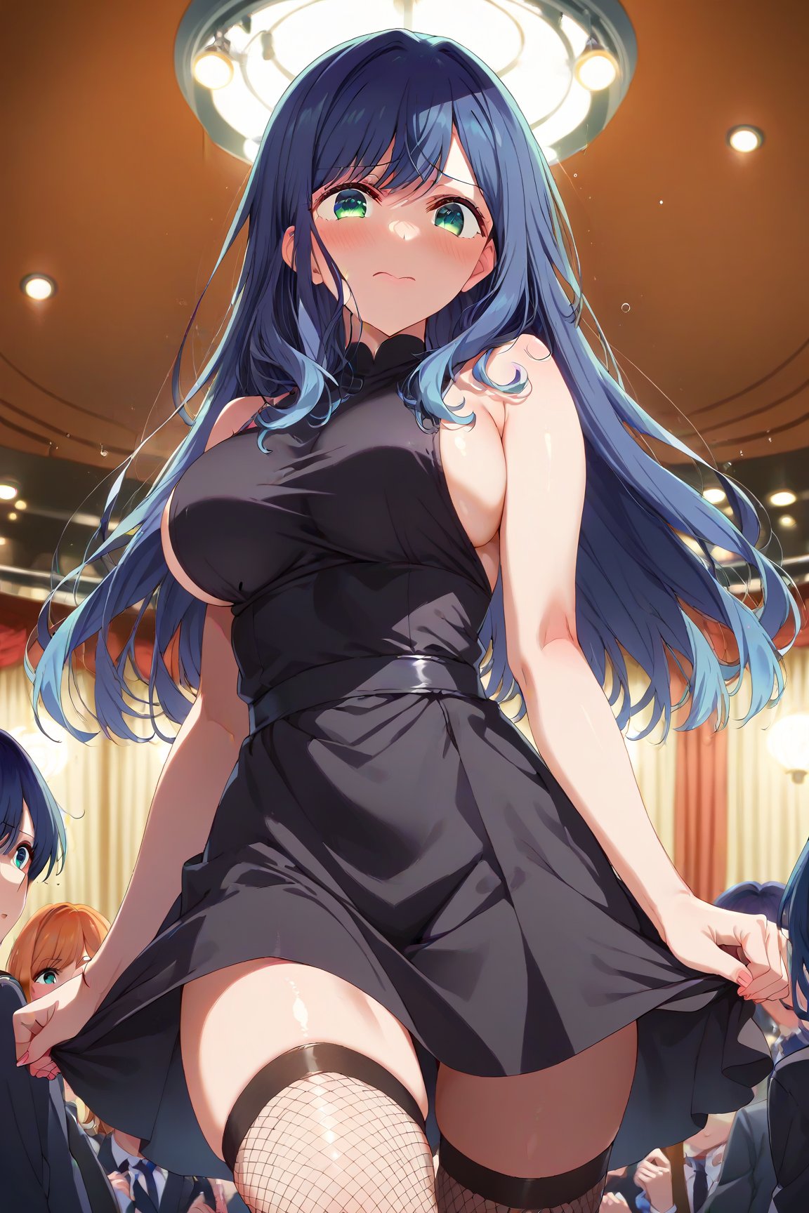 (cute girl:1.2) , shiny skin, rating_safe,expressive eyes, perfect face, illustration,score_9, score_8_up, score_7_up, source_anime, akanekurokawa, akane kurokawa, bangs, green eyes, blue hair, long hair, dark blue hair, big breasts, embarrassed,blush,

black dress, high stockings, fishnet, makeup,  side boob, crowded, group, night club, front view, from below, stage, dancing, bokeh

,5_fingers, beautiful_female_fingers,