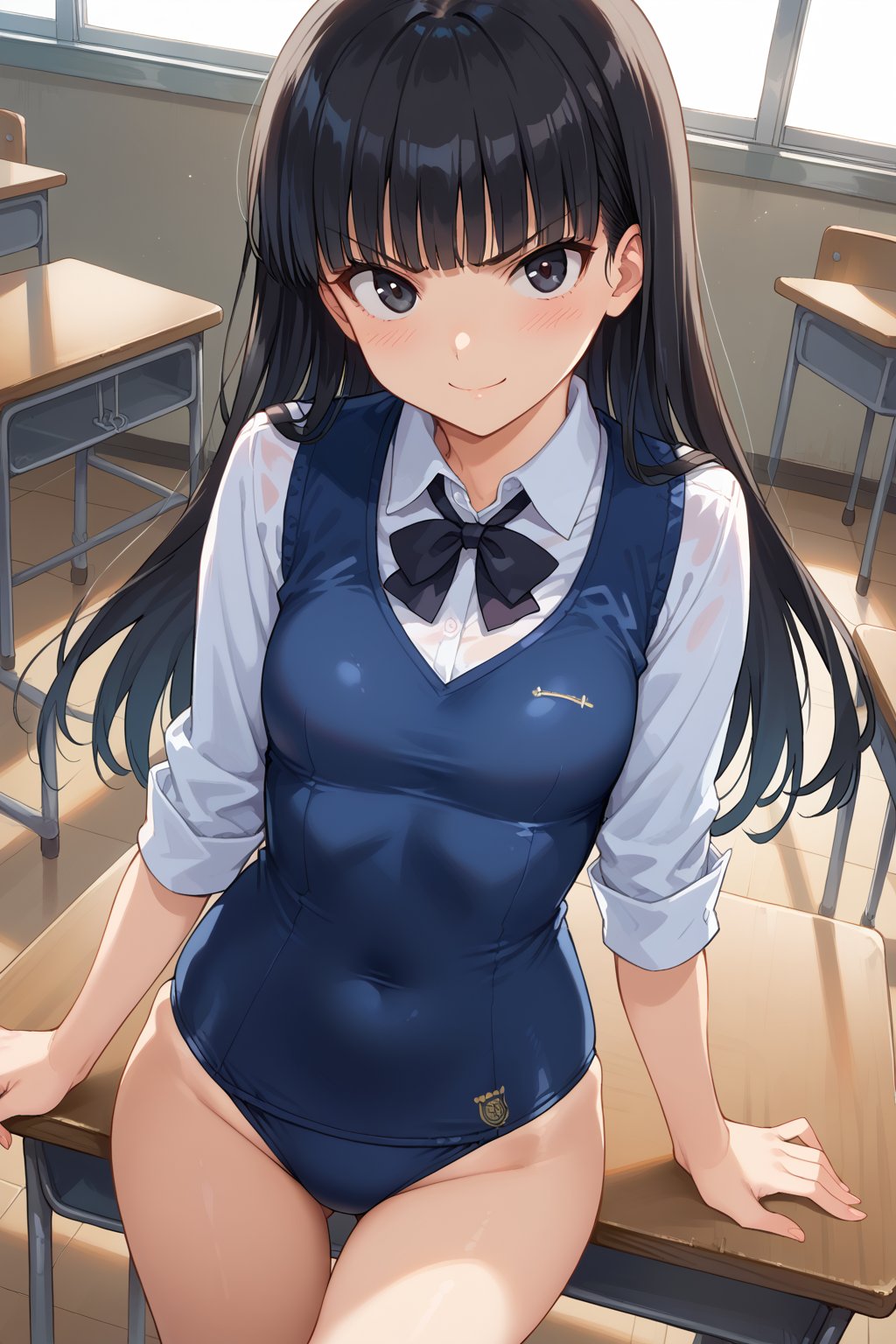 score_9, score_8_up, score_7_up,source_anime,
beautiful, source_anime,
tsukasa ayatsuji, black hair, long hair, black eyes, bangs, blunt bangs, beautiful_female_fingers,
smile, blush,

school_swimsuits, classroom, glaring at the viewer, from above, looking at viewer, dutch angle, cowboy shot,