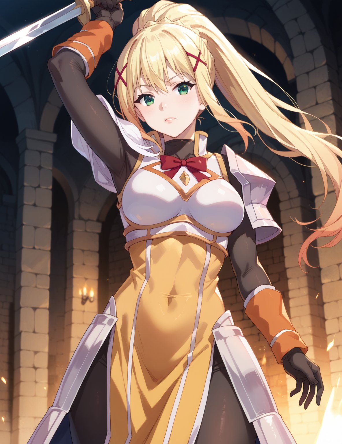 source_anime, score_7_up, score_8_up, score_9_up,solo,darkness \(konosuba\), long hair, green eyes, blonde hair, hair ornament, ponytail, braid, x hair ornament,gloves, armor, bodysuit, shoulder armor, armored dress,beautiful_female_fingers,

dungeon, battle, dynamic pose, dynamic angle, holding a sword, monster, goblin, orc, one arm up,