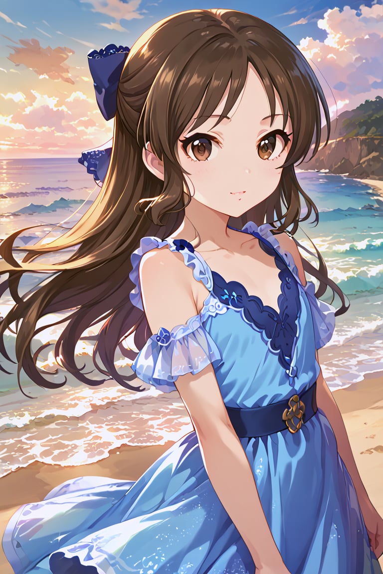 masterpiece, best quality, ultra-detailed, perfect anatomy, High detailed, detailed background, beautiful face,  Uncensored, Claudia, nanasemei, nonomiyatsugumi, draw it very clearly,

cbnars, long hair, brown hair, parted bangs ,hair bow , brown eyes, flat chest, detailed face, beautiful face, clear face,

idol girl. blue dress,

seaside, sunset,

,perfect fingers, score_9, score_8_up, score_7_up,Expressiveh, concept art, dark theme, ,tcbnars,beautiful_female_fingers